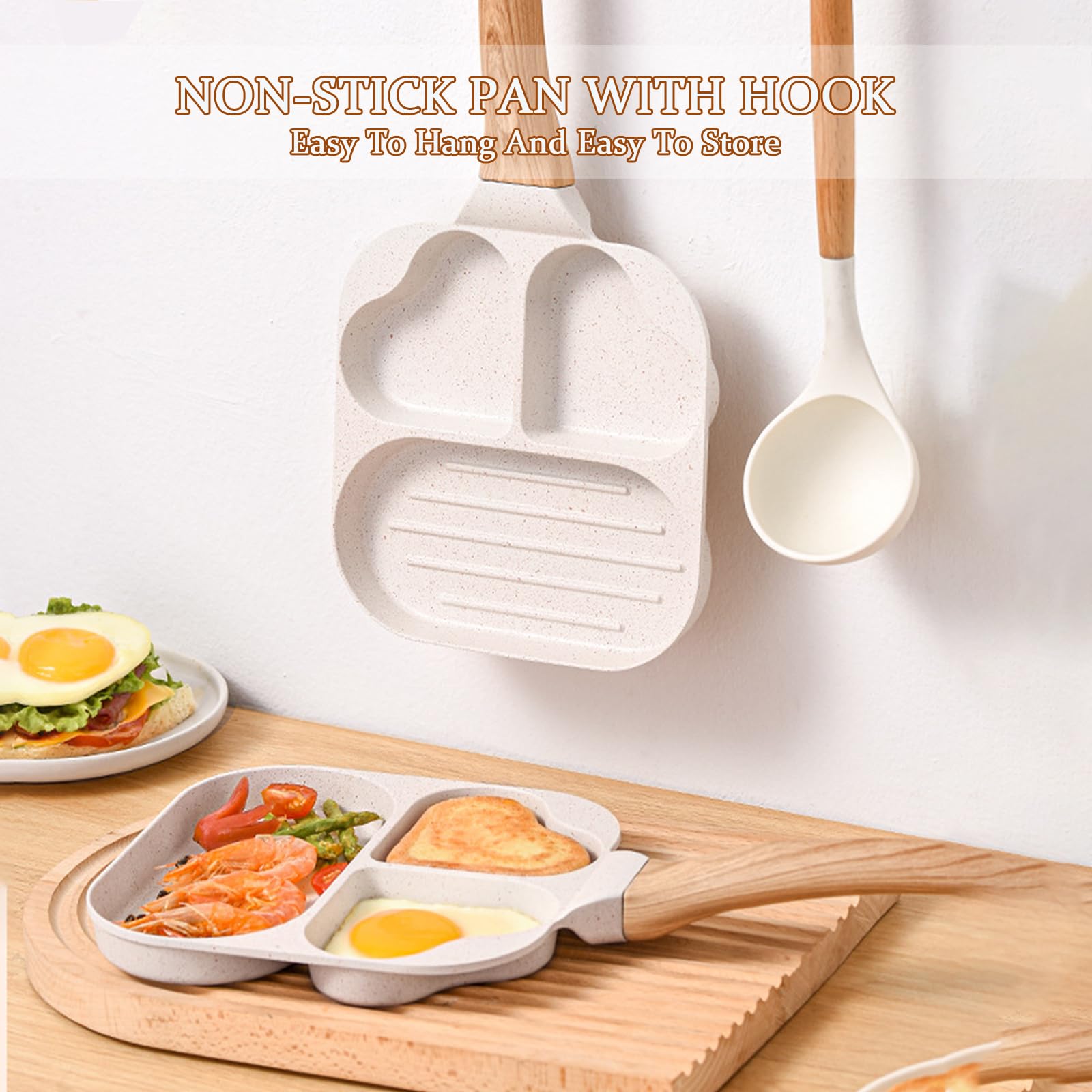 Nonstick Egg Frying Pan, 3-in-1 Nonstick Pan Divided Grill Frying Pan, Heat Resistant Handle 3 Section Skillet Mini Pancake Pan, Cooking Pan for Breakfast, Egg, Bacon and Burgers, 7.5 in (White)