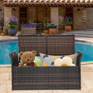 BAYUELSWU 33Gallon Outdoor Wicker Storage Bench with Removable Cushion, Waterproof PE Rattan Deck Box with Handles for Patio Furniture Cushions, Toys and Garden Tools (Brown)