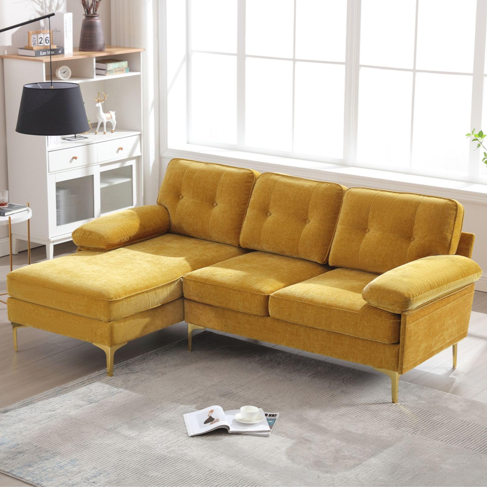 Apicizon Yellow Couch L-Shaped Sofa Couch Convertible Sectional Sofa Couch with Tufted Cushion, 3 Seater Sofa Small Couch for Living Room Apartments, Chenille