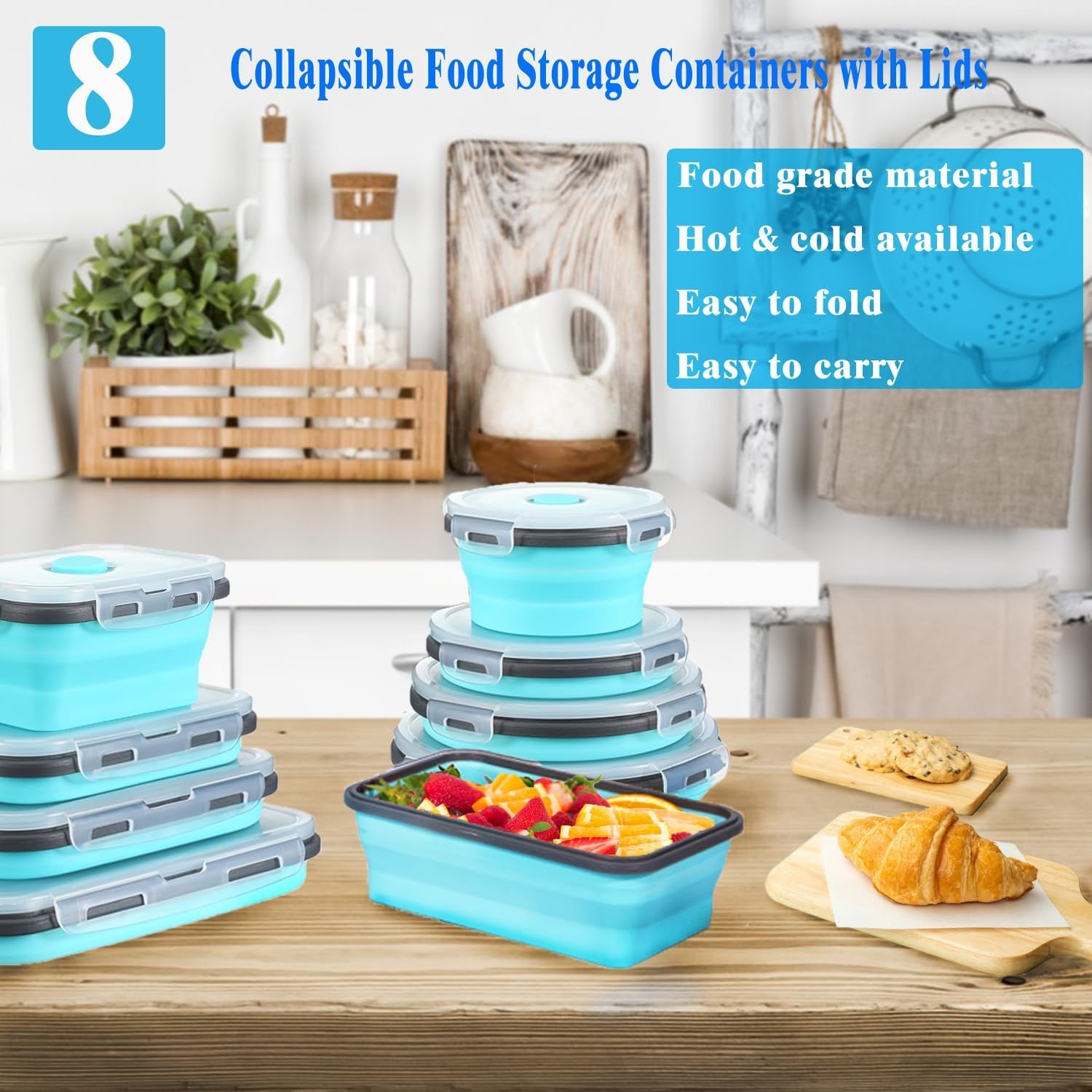 8 Collapsible Food Storage Containers With Lids, Rv Collapsible Bowls, Silicone Food Storage Containers, Camping Food Containers, Silicone Containers, Collapsible Containers for Food, Camping, Travel