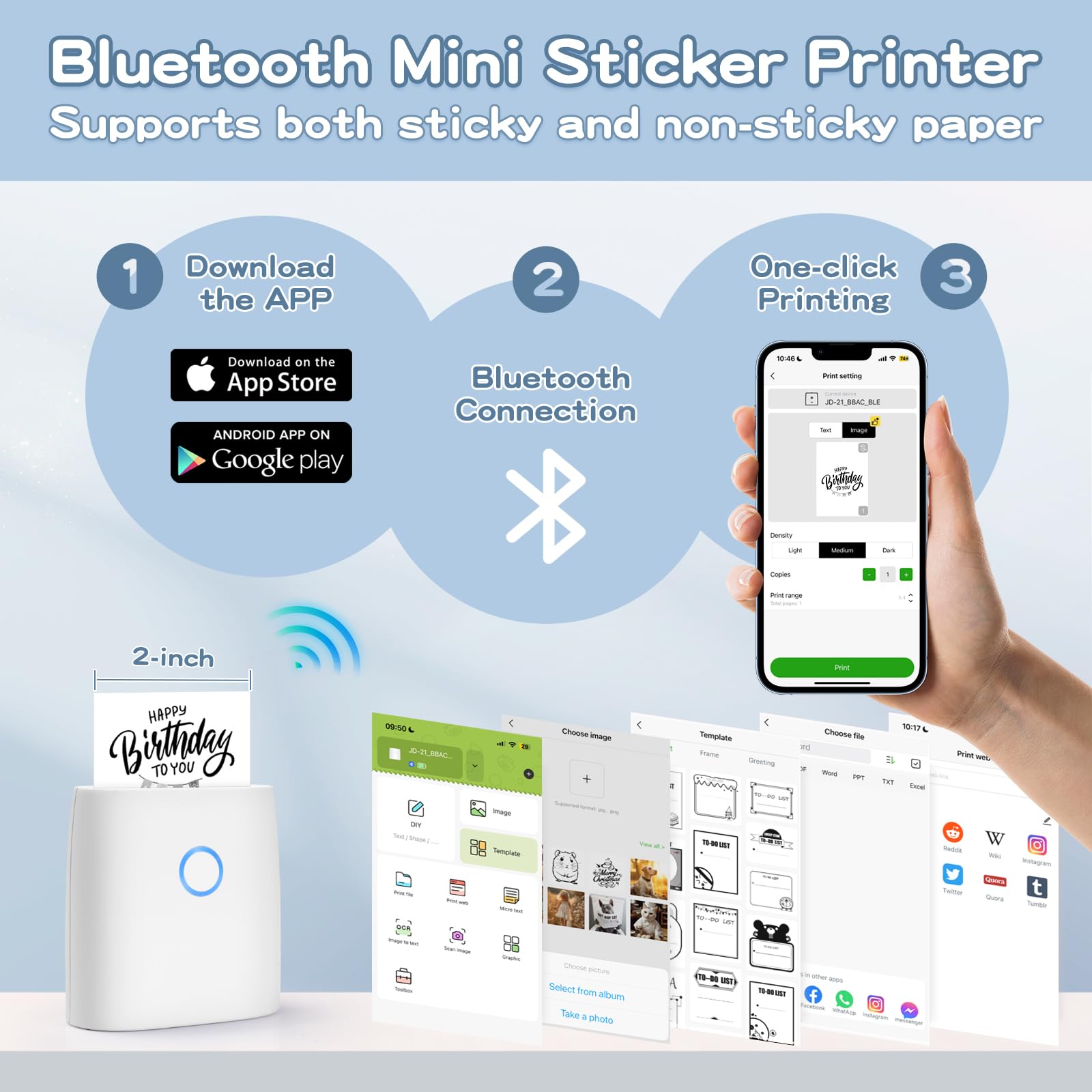 Gloryang Mini Printer, 2 Inch Bluetooth Pocket Printer Compatible with Android & iOS, Sticker Printer Maker for Study Notes, Portable Inkless Printer for Photos, DIY, Journals, White