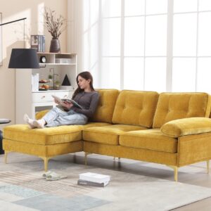 Apicizon Yellow Couch L-Shaped Sofa Couch Convertible Sectional Sofa Couch with Tufted Cushion, 3 Seater Sofa Small Couch for Living Room Apartments, Chenille