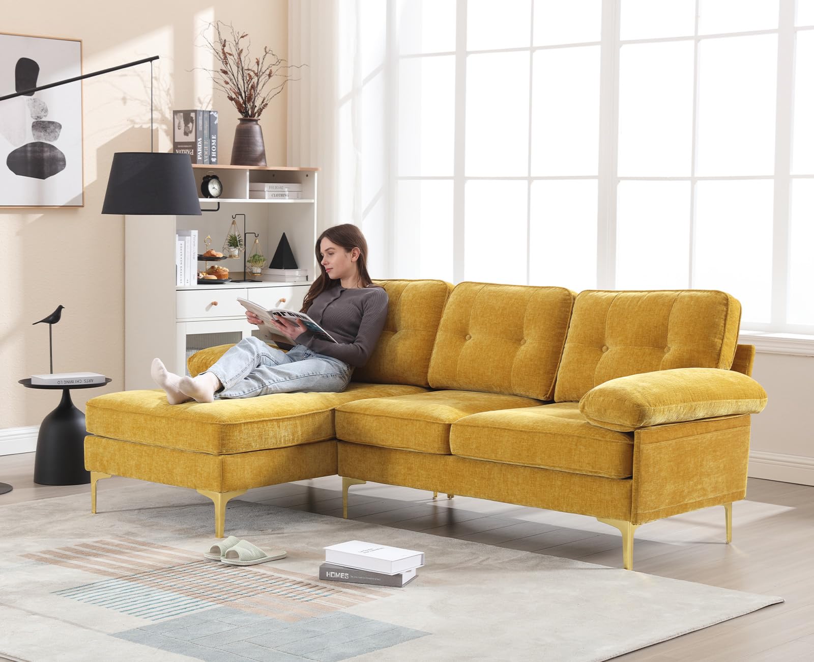 Apicizon Yellow Couch L-Shaped Sofa Couch Convertible Sectional Sofa Couch with Tufted Cushion, 3 Seater Sofa Small Couch for Living Room Apartments, Chenille