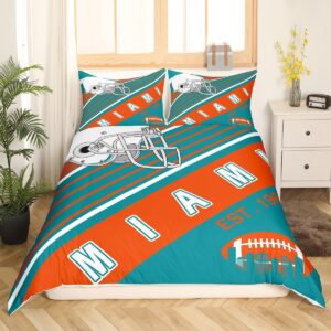 Football Sports Themed Comforter Cover, Kids American Football City Style Bedding Set 3D Rugby Helmet Design Bed Cover, American Football Competition Queen Duvet Cover,Sage Green Orange(Miami)