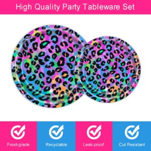 96 Pcs Neon Rainbow Leopard Birthday Tableware Set Girl's Sparkly Paint Splatter Cheetah Party Supplies for 24 Guests Rainbow Leopard Print Pattern Birthday Dinnerware