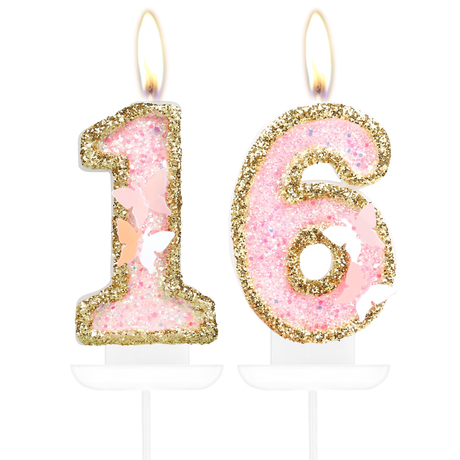 iNINGER Birthday Candle,Butterfly 16th Birthday Party Decorations for Women/Girl,Gold Pink Birthday Number 16 Candle,2.75" Large Glitter Birthday Candles Wedding Cake Topper Anniversary Party Decor