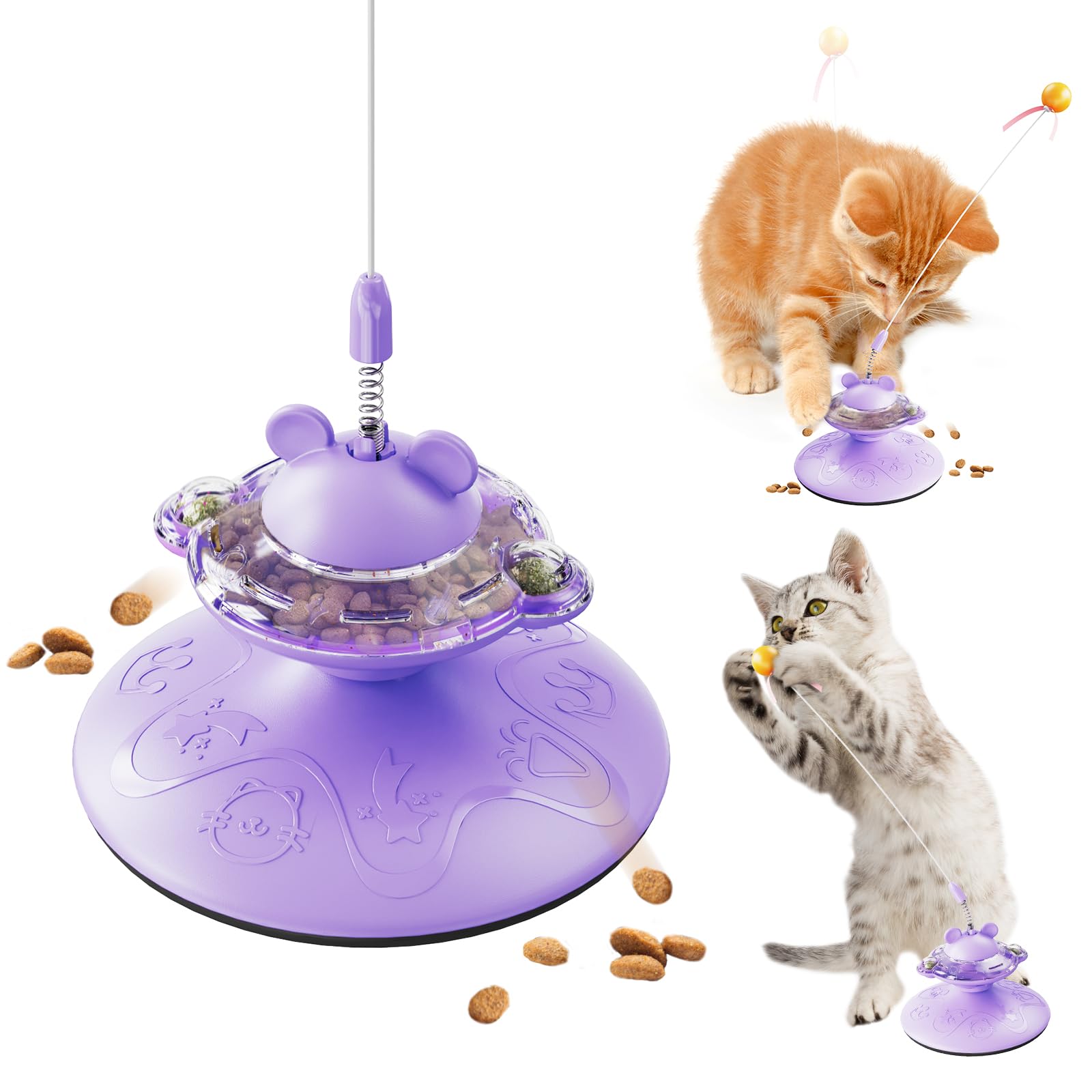 Interactive Cat Toy for Indoor Cats, Cat Treat Puzzle Feeder Toy-Cat Treat Dispenser - Cat Toys with Teaser Wand and Rotatable Design, Durable, Non-Toxic and Safe, Cat Toys for Bored Indoor (Purple)