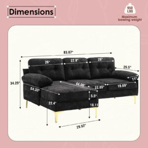 Apicizon 82" Black Sectional Sofa Cloud Couches, Modern L-Shaped Sofa Chaise Sleeper for Living Room, Convertible Sofa Couch with Cushion for Apartment Chenille