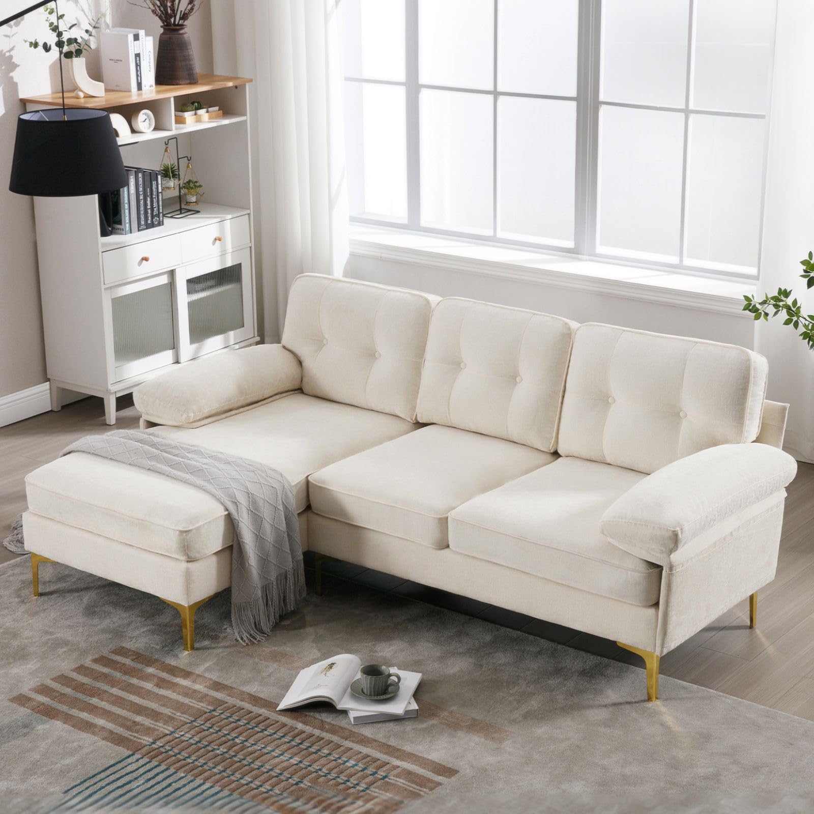 Apicizon 82" Sectional Couch L-Shaped Sofa, White Convertible Sectional Couch Sofa for Living Room, 3 Seater Sofa Couch with Tufted Cushion for Apartment, Beige Chenille