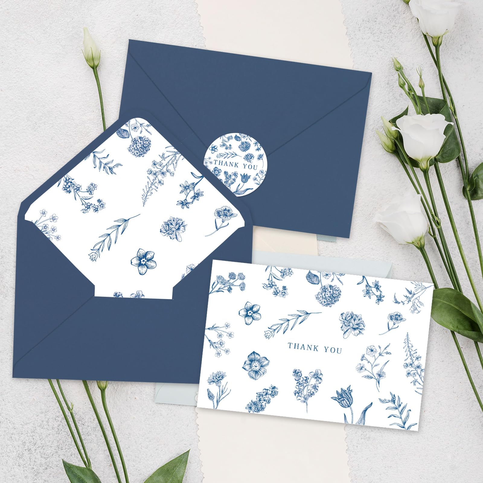 Whaline 36Pcs Blue Floral Thank You Cards with Envelopes and Stickers Blue Greeting Cards Blank Note Cards for Weddings Bridal Shower Baby Shower