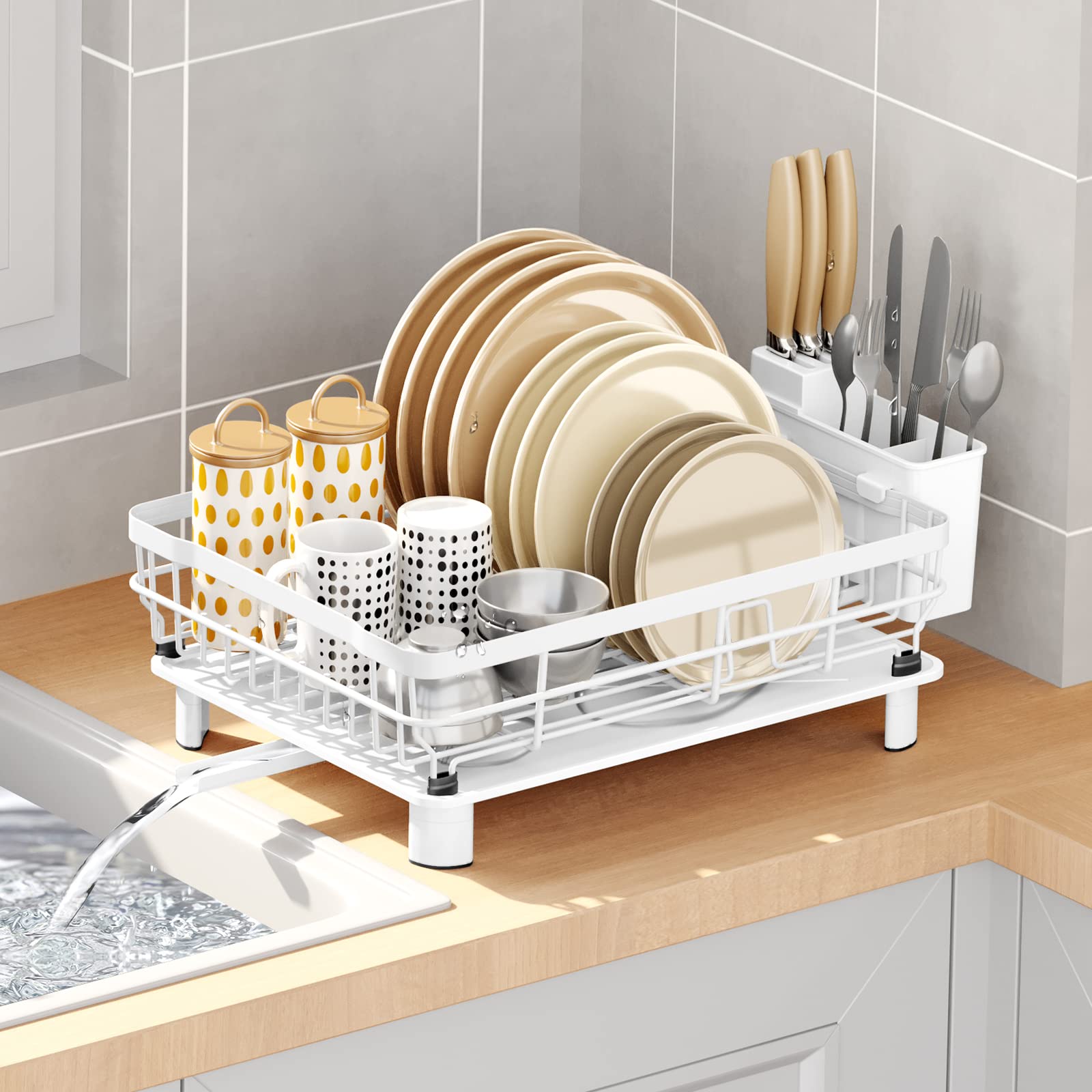 GAXmi Dish Drying Rack Over The Sink Dish Drainer with Drainboard Utensil Holder Adjustable Spout, 1-Tier White