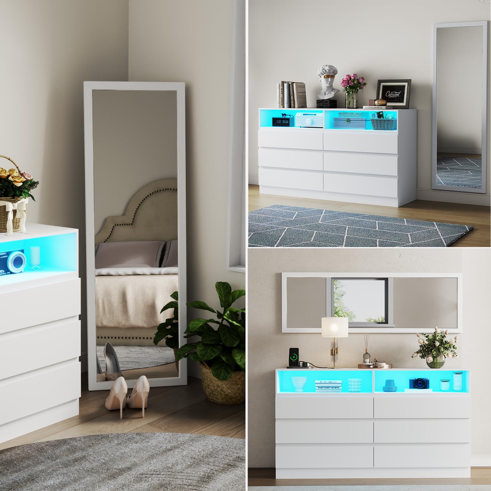 Gyfimoie Dresser for Bedroom with Full Length Mirror 48"x16", White Storage Dresser with Power Outlet, 6 Drawer Dresser with LED Light, Modern Dressers with Charging Station(White)