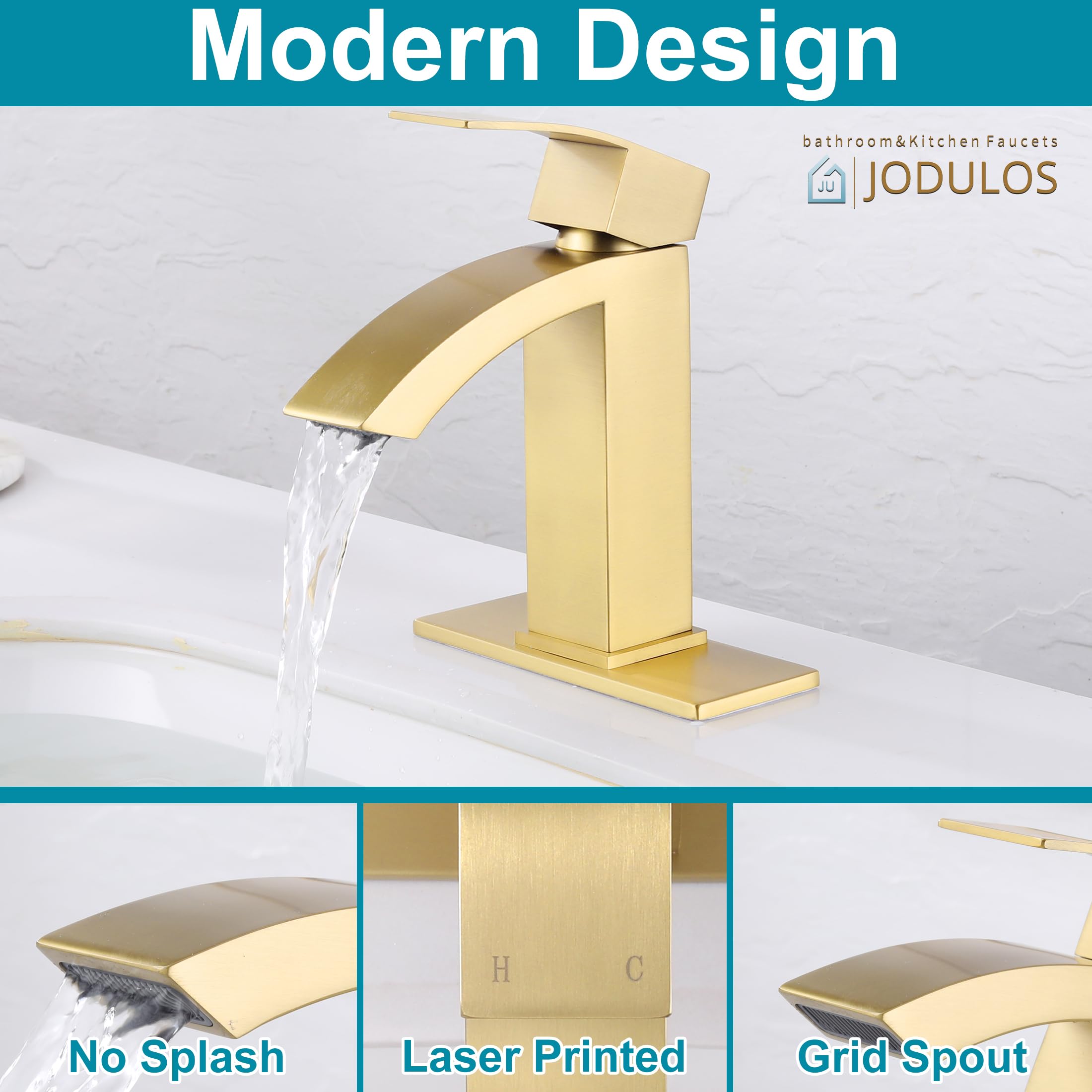 Jodulos Gold Bathroom Faucet, Waterfall Bathroom Sink Faucet with cUPC Supply Hose and Pop Up Drain, Single Handle Single Hole Modern Faucet for Bathroom Vanity