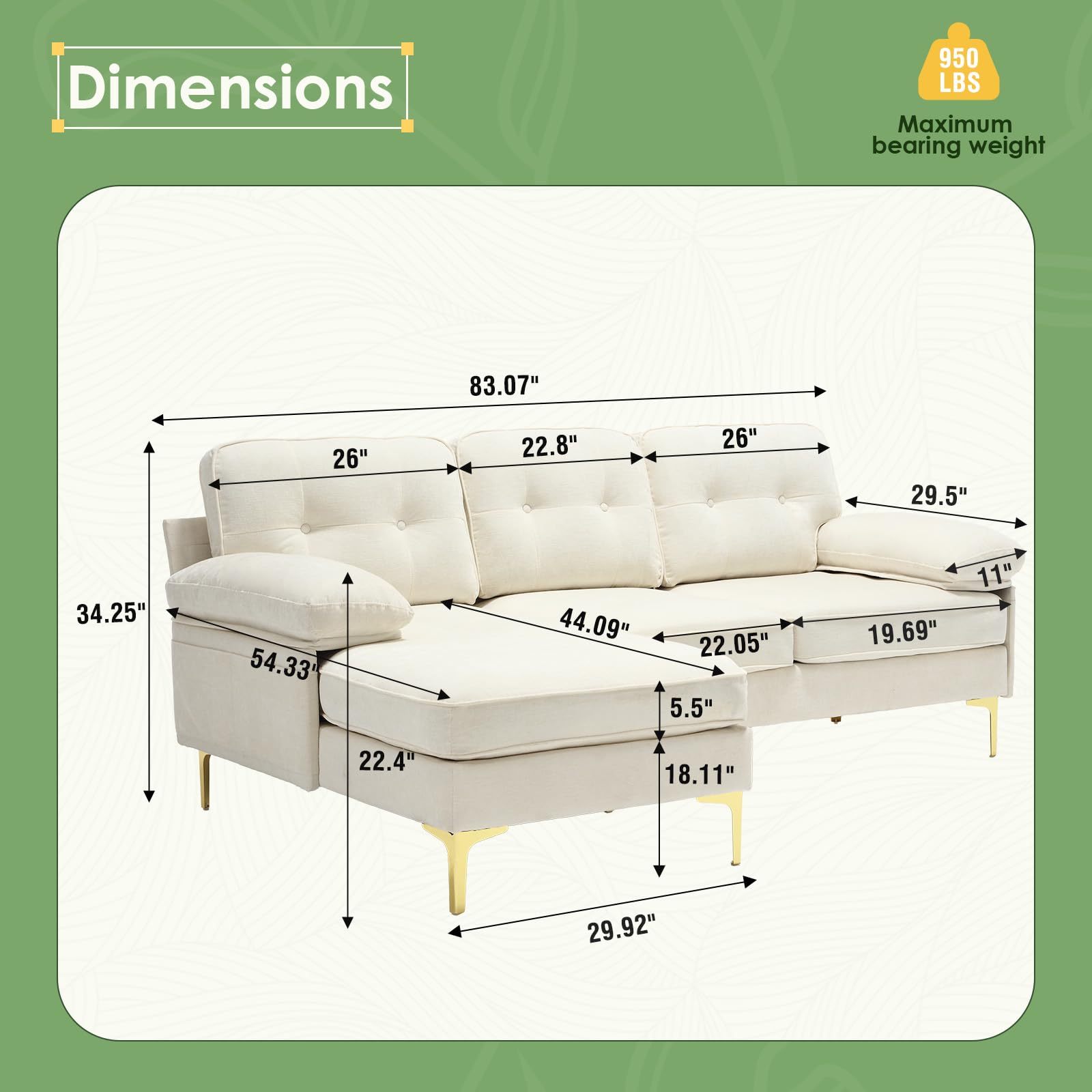 Apicizon 82" Sectional Couch L-Shaped Sofa, White Convertible Sectional Couch Sofa for Living Room, 3 Seater Sofa Couch with Tufted Cushion for Apartment, Beige Chenille