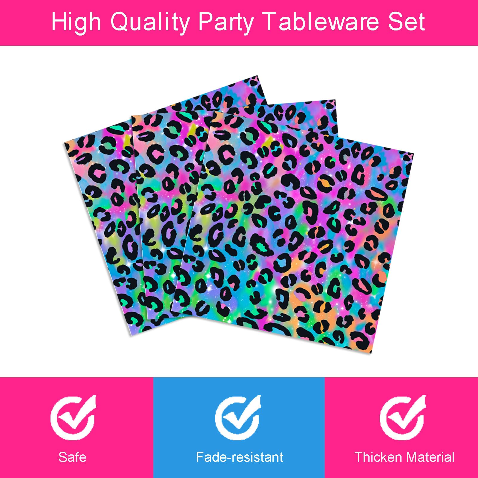 96 Pcs Neon Rainbow Leopard Birthday Tableware Set Girl's Sparkly Paint Splatter Cheetah Party Supplies for 24 Guests Rainbow Leopard Print Pattern Birthday Dinnerware