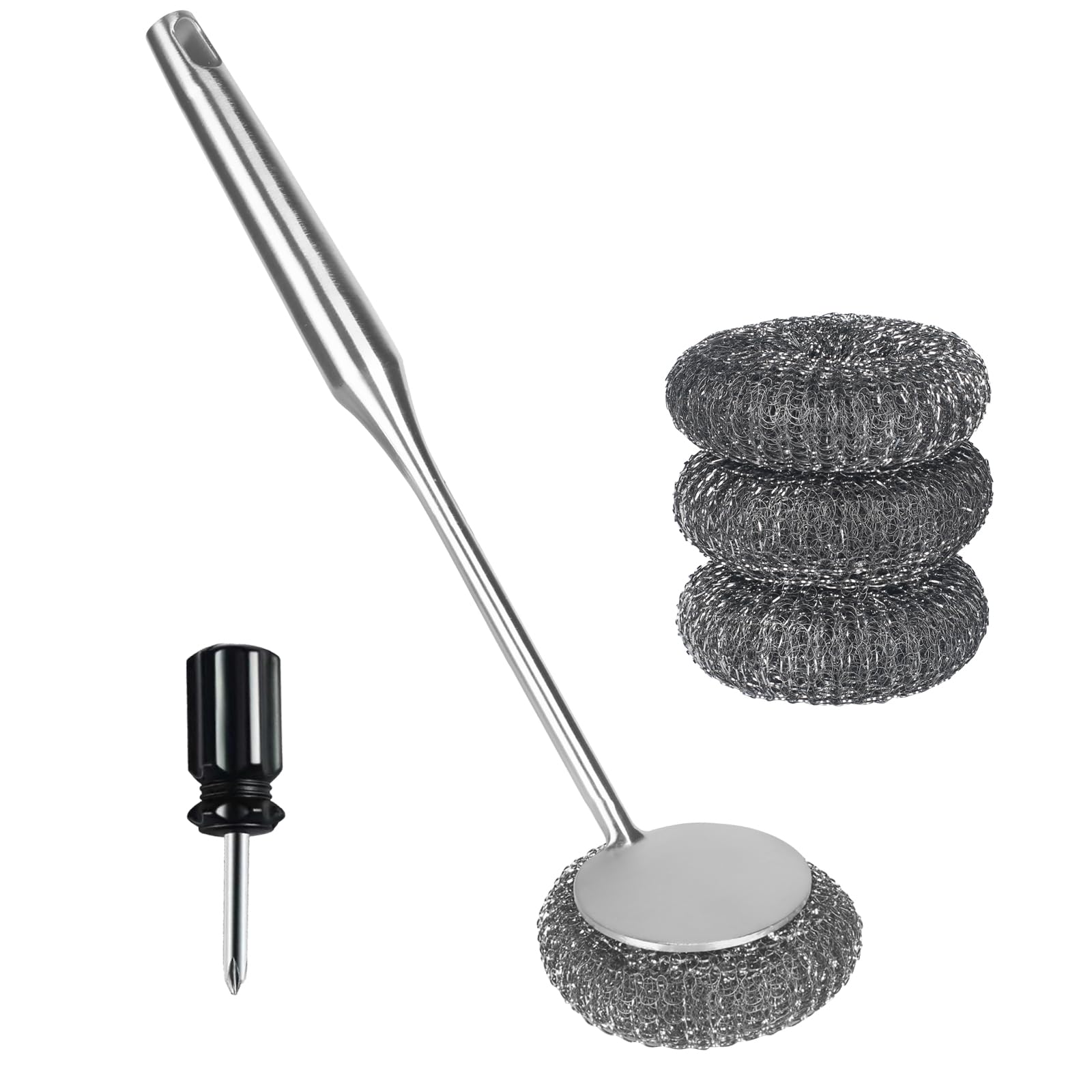 Generic Stainless Steel Long-Handled Steel Wool Brush, Grill Brush Bristle Free with Replaceable Brush Heads,Metal Scrubbers for Cleaning Dishes，Dish Scrubber with Handle