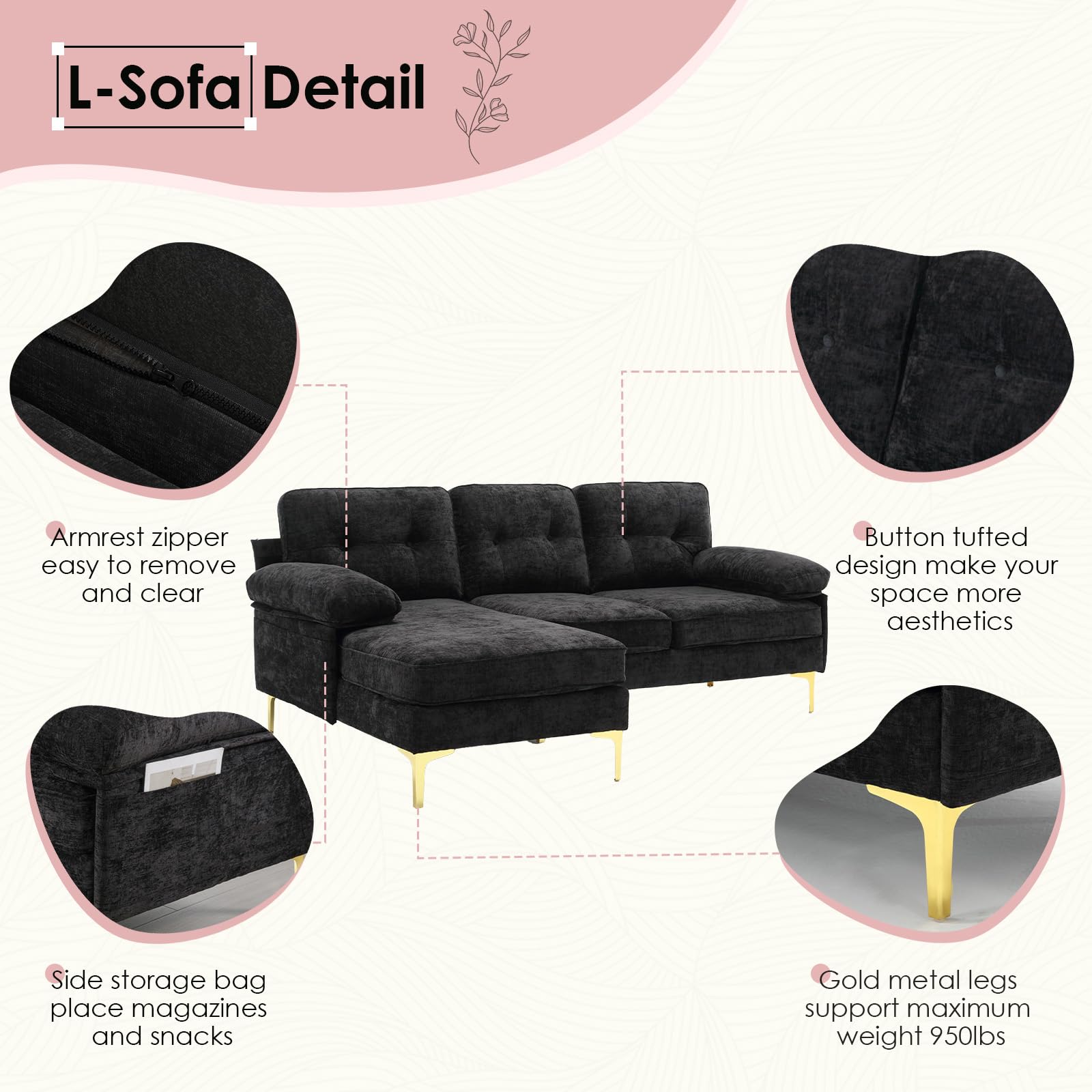 Apicizon 82" Black Sectional Sofa Cloud Couches, Modern L-Shaped Sofa Chaise Sleeper for Living Room, Convertible Sofa Couch with Cushion for Apartment Chenille