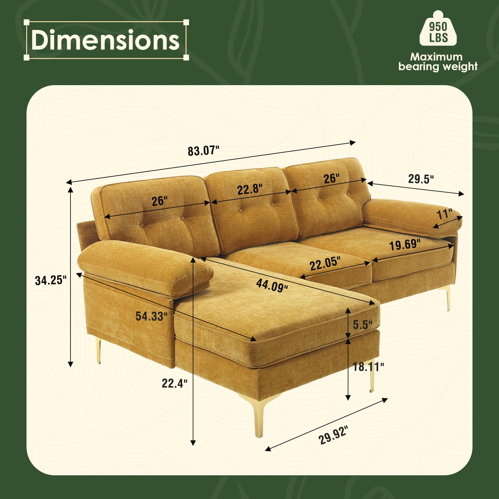 Apicizon Yellow Couch L-Shaped Sofa Couch Convertible Sectional Sofa Couch with Tufted Cushion, 3 Seater Sofa Small Couch for Living Room Apartments, Chenille