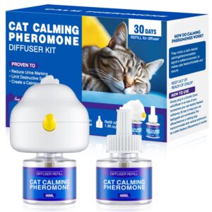 pupmate ultimate 3-in-1 cat calming diffuser with pheromones - 30-day lasting protection,plug in, 2x48ml refills. perfect for easing anxiety from environmental changes, travel, and stress