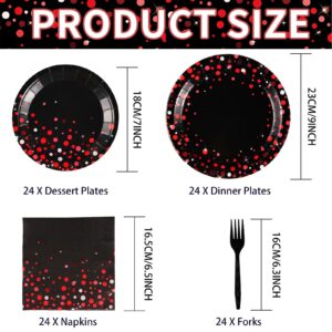 96Pcs Black and Red Party Supplies Red Dot on Black Party Plates and Napkins Disposable 350GSM Black and Red Birthday Tableware Set for Birthday Baby Shower Wedding Decorations, Serves 24