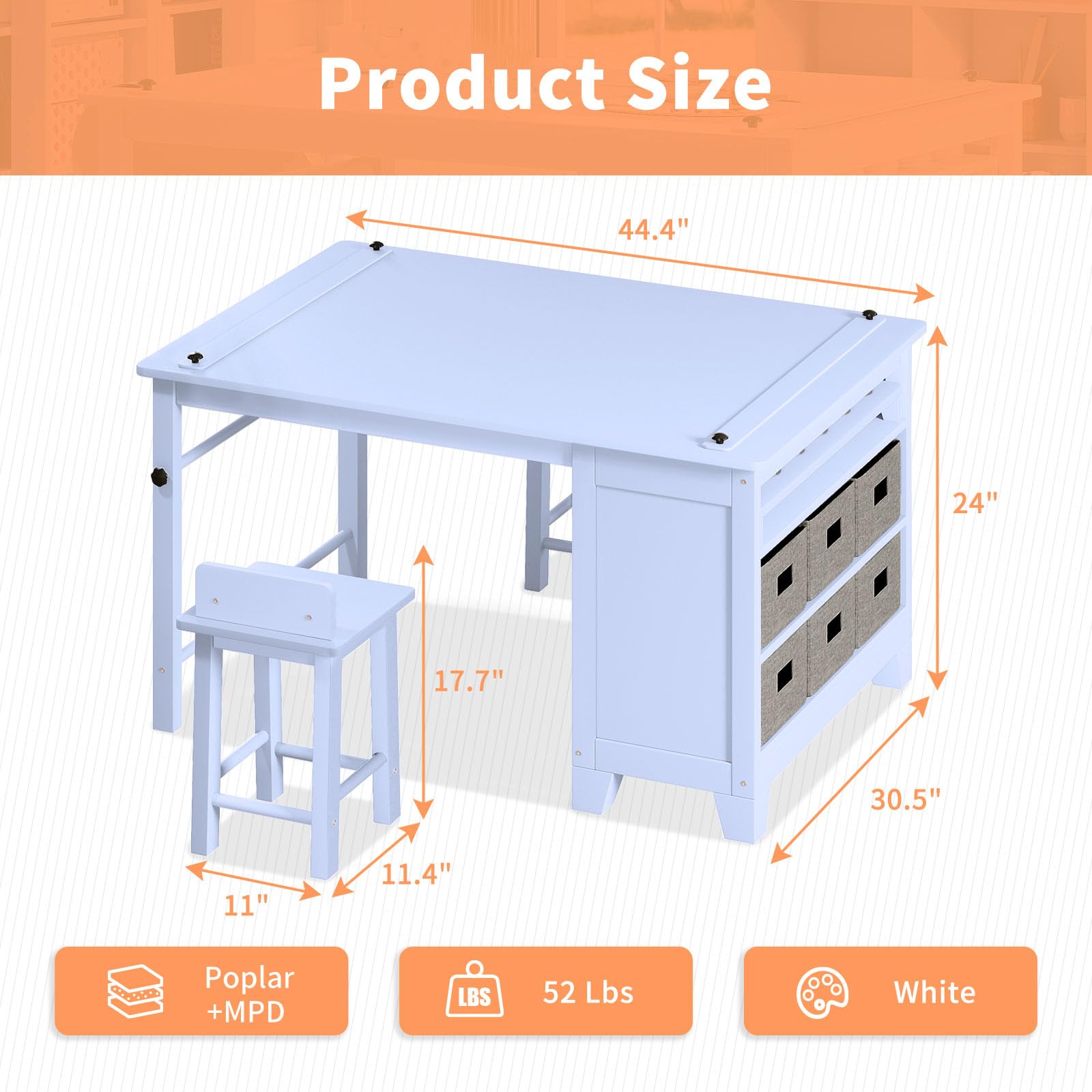 Kids Art Table and Chair Set, Kids Craft Table with 2 Chairs, 6 Removable Storage Bins, Paper Roller, Wooden Children Activity Desk Set for Drawing, Learning, Reading, Blue