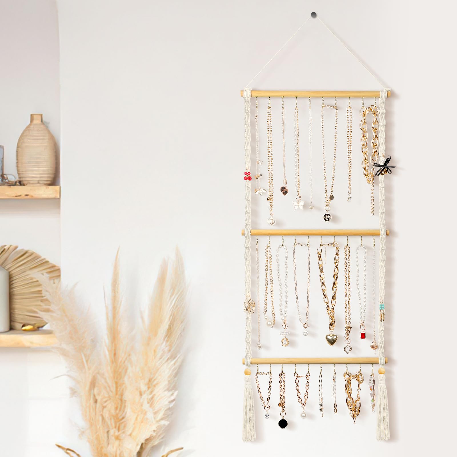 UREYMX Hanging Jewelry Organizer Macrame Necklace Holder, with 30 Hooks, Over Door Necklace Rack, Wall Mounted Jewelry Hanger with Tassel Boho for Necklace Headband Bow Earring Bracelet