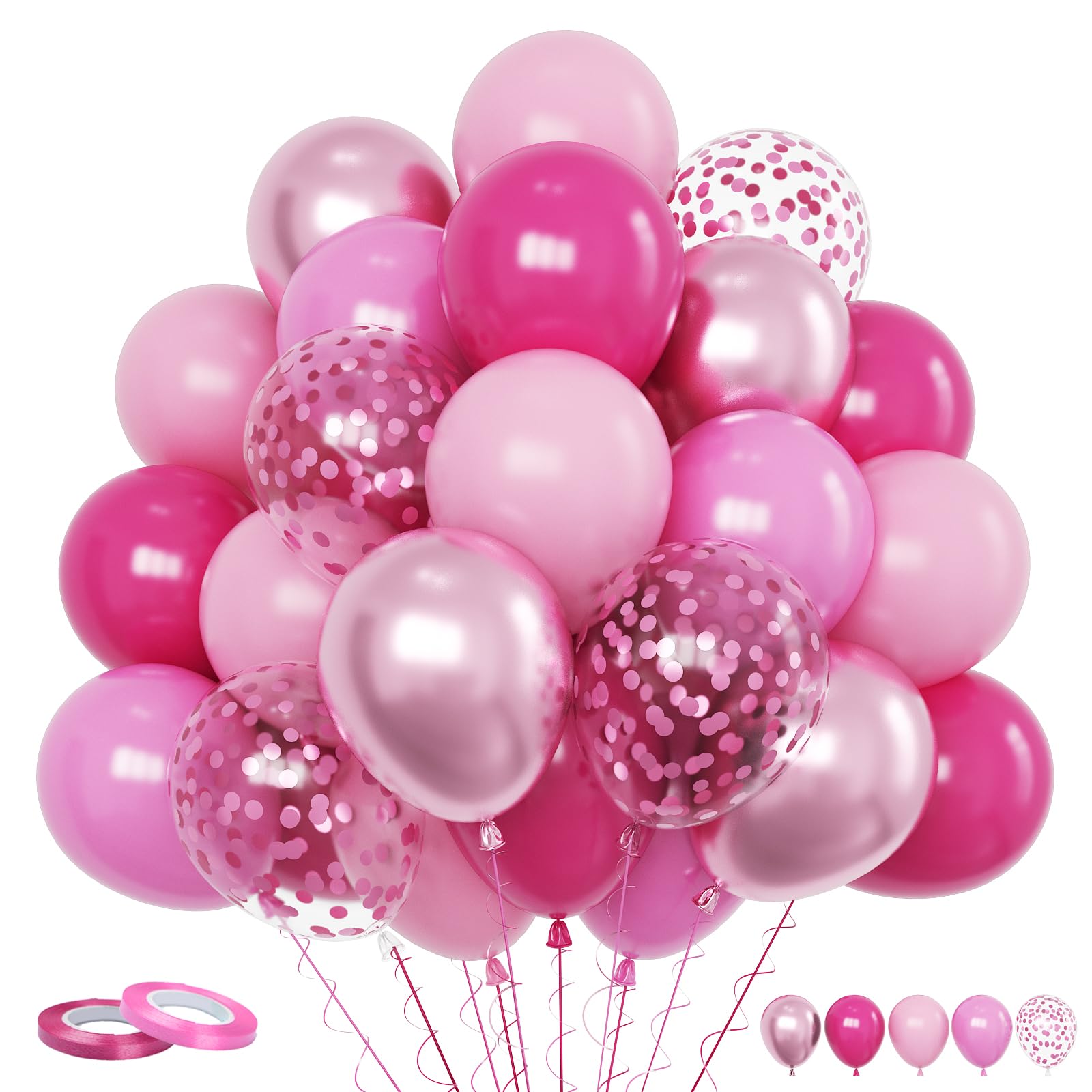 Funhot Pink Balloons Set, 60PCS Hot Pink Latex Balloons, 12Inch Pink Confetti Balloon Pastel Pink Metallic Party Balloons Helium for Girls Women Baby Shower Princess Wedding Birthday Party Decoration