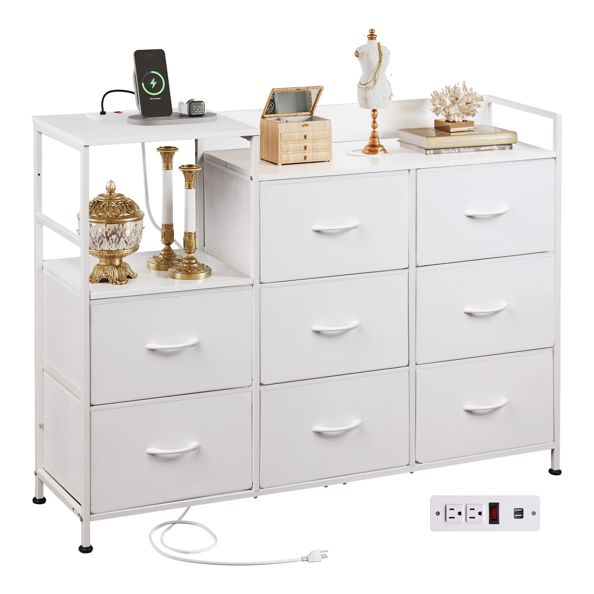 WLIVE White Dresser TV Stand for Bedroom with Charging Station and Open Shelves, Fabric Dresser with 8 Drawers and Wood Top, Wide Storage Chest of Drawers for Living Room, Hallway