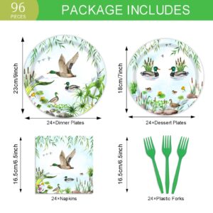 96 Pcs Mallard Duck Party Plates and Napkins Party Supplies One Lucky Duck Tableware Set Duck Hunting Birthday Party Decorations Favors for Duck Hunter Baby Shower Serves 24