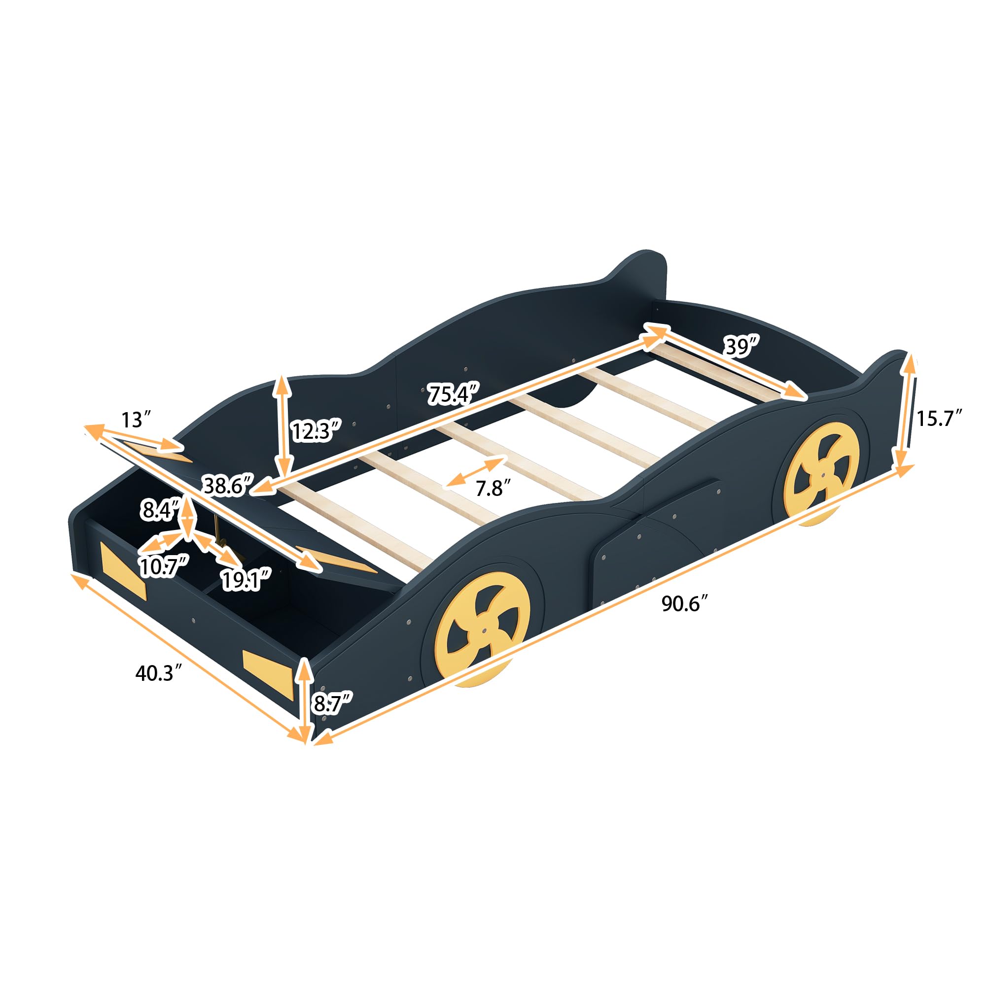 Brisca Twin Size Race Car-Shaped Platform Bed with Wheels,Solid Wood Bed Frame W/Storage,No Box Spring Required,for Bedroom,Apartment,Guest Room,Dark Blue+Yellow