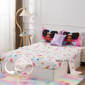 A Nice Night Black Girl Princess with Wings Comforter Set,Pink Gradient Glitter Rainbow Galaxy 6pcs Kids Bedding Set,Twin