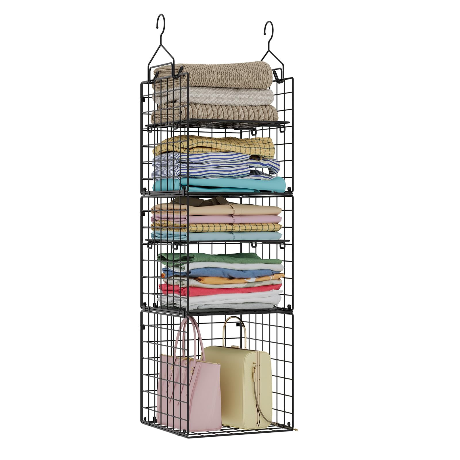 X-cosrack Hanging Closet Organizer and Storage - 5-Tier Closet Storage Organizer Baskets for Clothes & Adjustable Collapsible Metal Closet Hanging Organizer Shelves for Sweaters Shoes Handbags