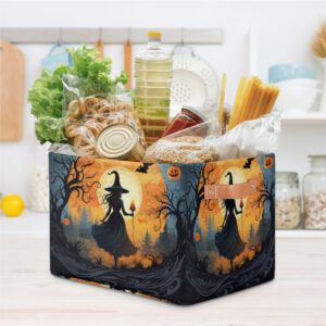 Halloween Witch Moon Bat Foldable Storage Basket Bin Large Fabric Kids Toys Storage Cube Box with Handles Collapsible Closet Shelf Cloth Organizer Basket for Nursery Bedroom Shelves Laundry