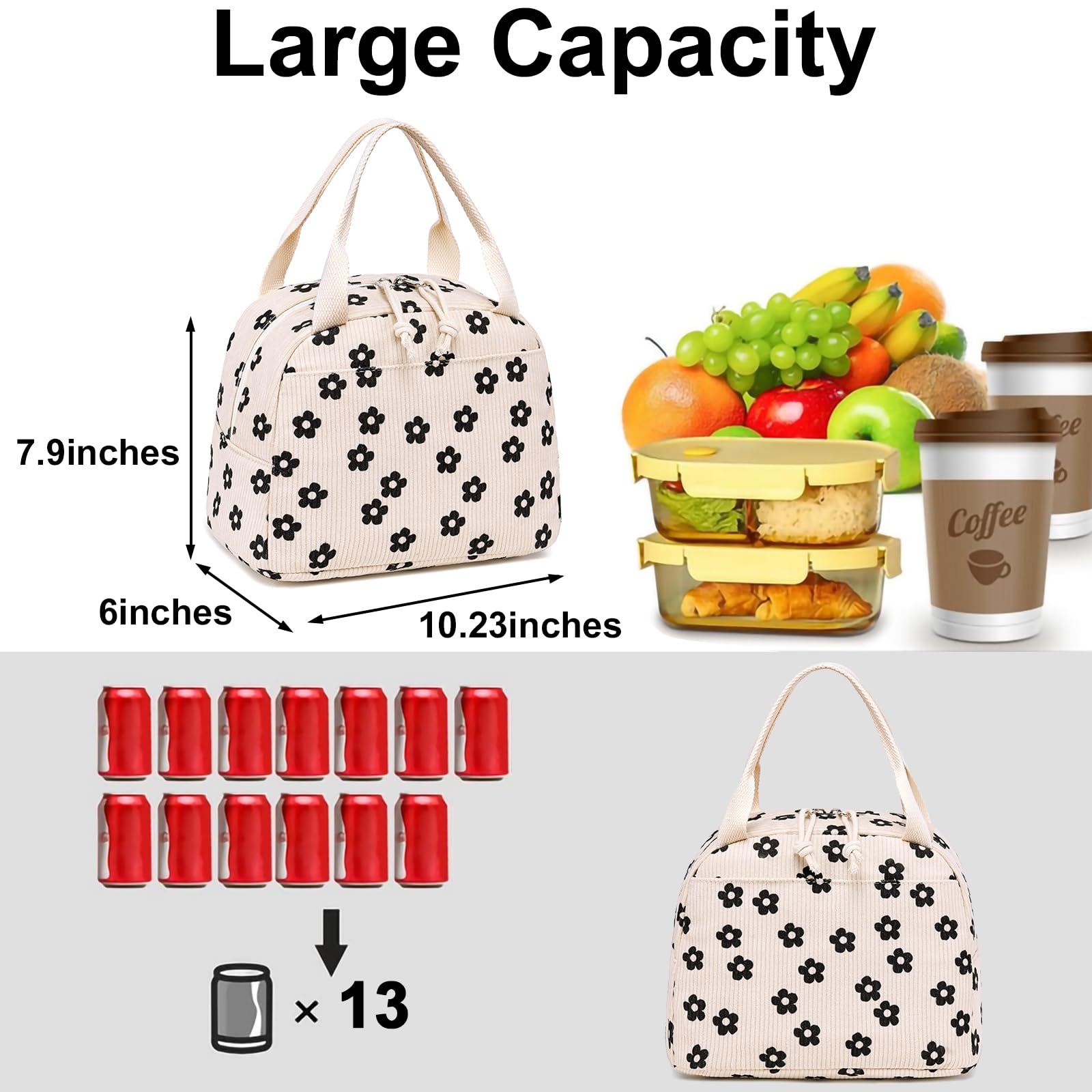 LEDAOU Lunch Box for Women Insulated Lunch Bag Corduroy Lunch Tote Bags Leakproof Cooler Lunch Case for Travel Work Picnic