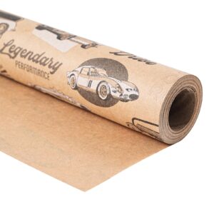 ulmasinn kraft birthday wrapping paper roll - 17 inches x 33 feet - for boys girls kids retro classic racing sports car pattern great for birthday, party, anniversary