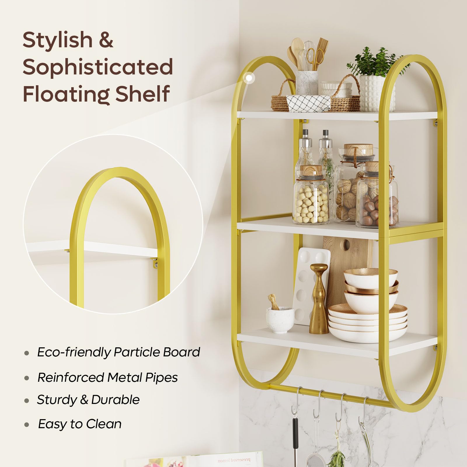 Bestier Floating Shelves for Wall, 3 Tier Wall Shelves for Bathroom with Towel Bar and Hooks, Bathroom Shelves Over Toilet, Modern White