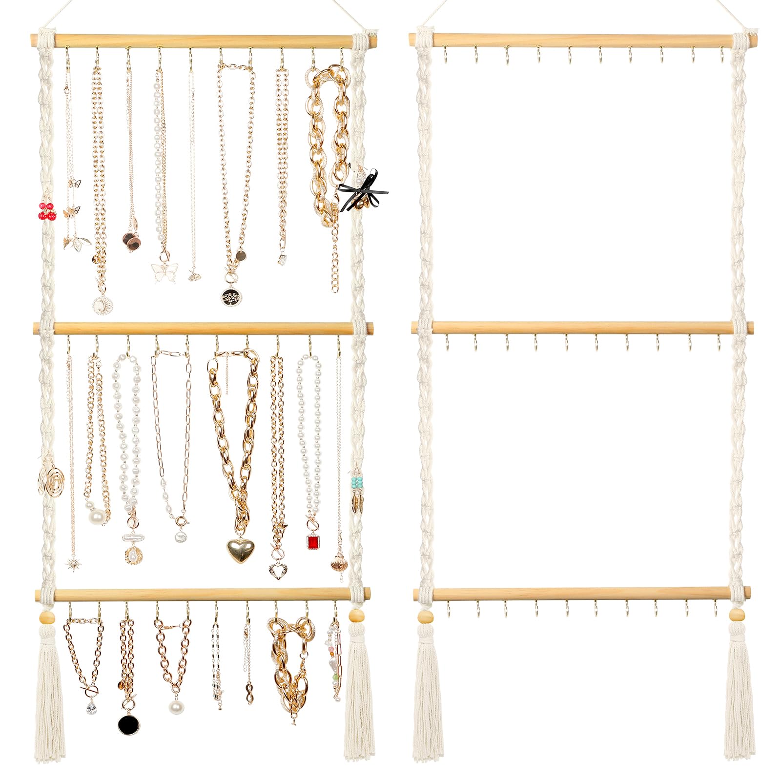 UREYMX Hanging Jewelry Organizer Macrame Necklace Holder, with 30 Hooks, Over Door Necklace Rack, Wall Mounted Jewelry Hanger with Tassel Boho for Necklace Headband Bow Earring Bracelet