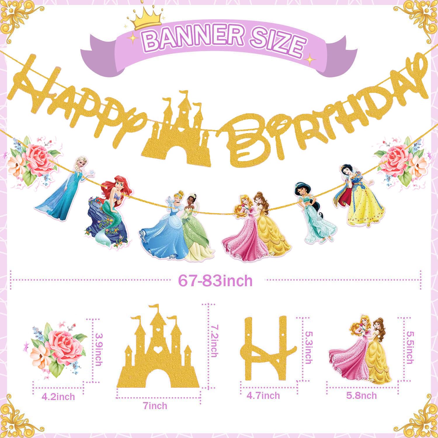 Princess Birthday Banner for Girls, Princess Birthday Party Decoration For Girls Kids Birthday Party Baby Shower Decorations (Gold)