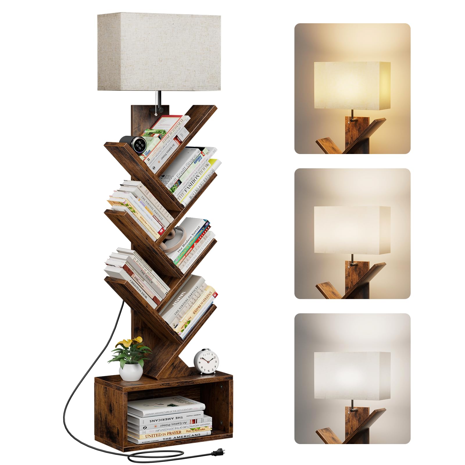 Evermagin 6 Tier Tree Bookshelf with Light, Small Bookcase Tower for Books/CDs/Movies, Tall Floor Standing Book Organizer with Storage Cabinet for Living Room, Bedroom & Home Office, Rustic Brown