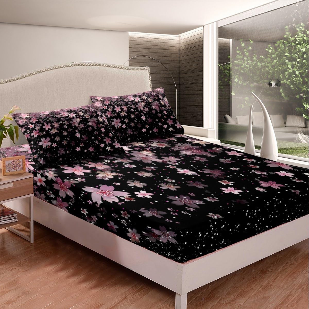 Feelyou Cherry Blossoms Sheet Set Queen Size Kids Sakura Flower Sheets with Deep Pocket Fitted Sheet for Boys Girls Teens Romantic Floral Botanical Bed Sheets Set Pink Black Bedding Set