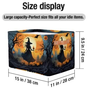 Halloween Witch Moon Bat Foldable Storage Basket Bin Large Fabric Kids Toys Storage Cube Box with Handles Collapsible Closet Shelf Cloth Organizer Basket for Nursery Bedroom Shelves Laundry