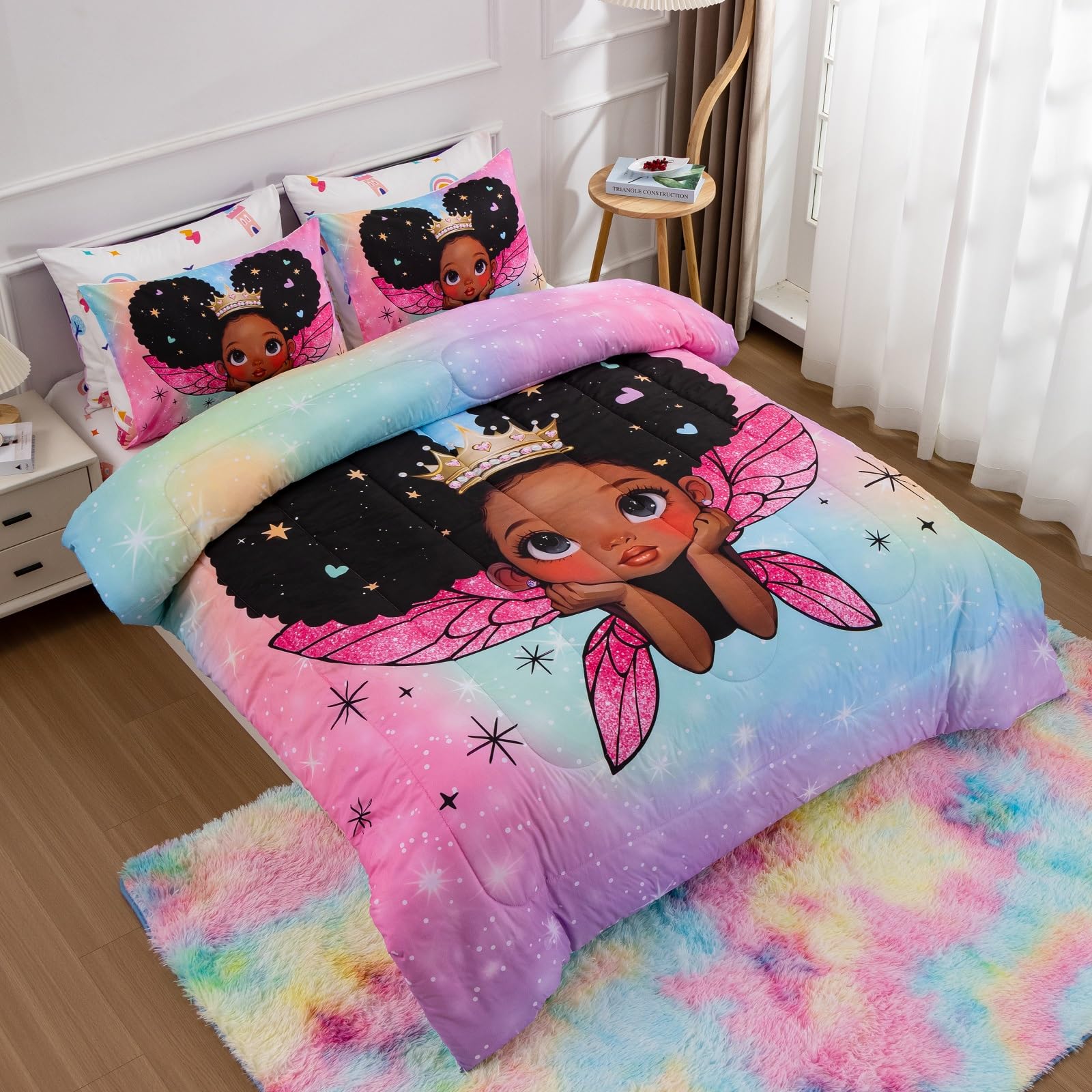 A Nice Night Black Girl Princess with Wings Comforter Set,Pink Gradient Glitter Rainbow Galaxy 6pcs Kids Bedding Set,Twin