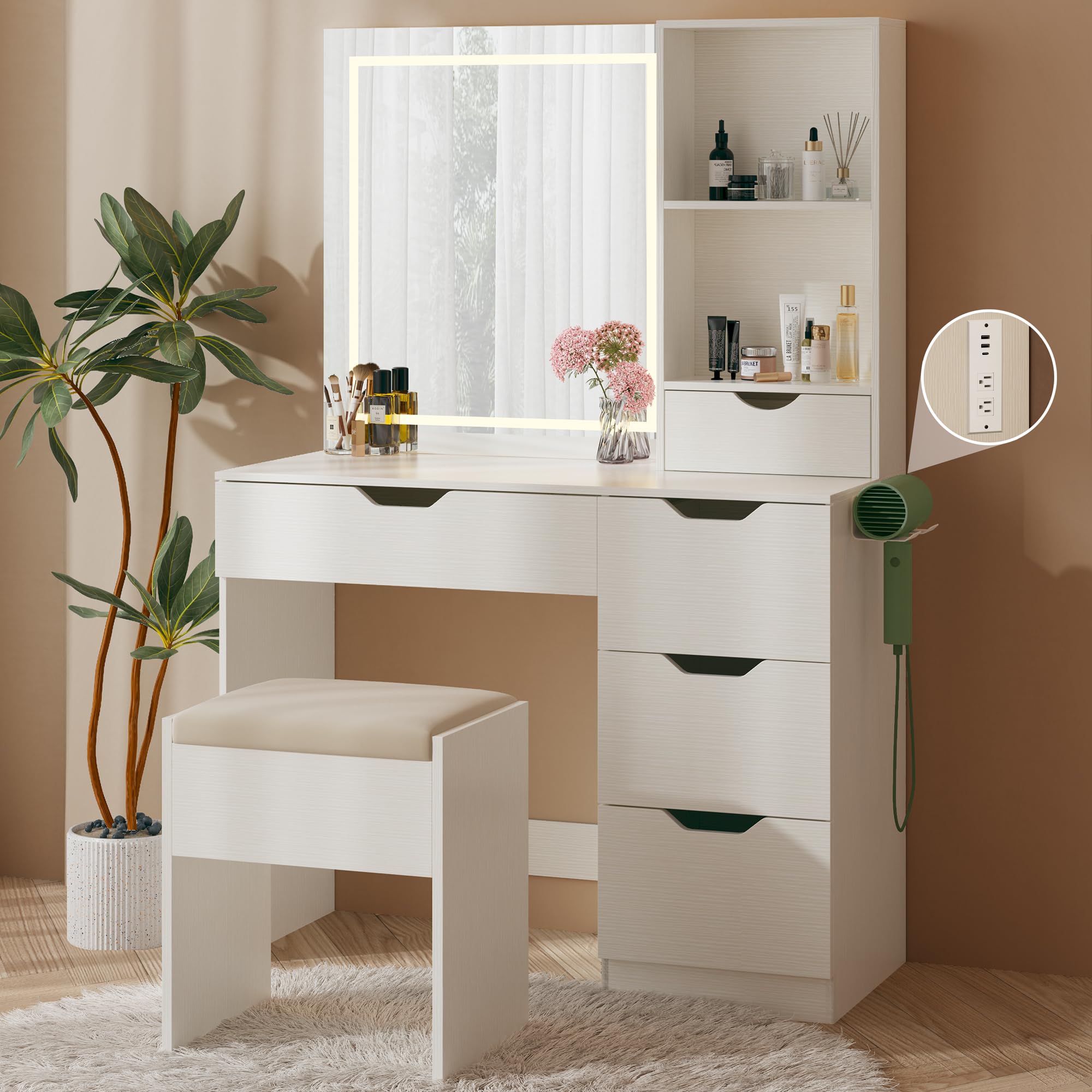 HUAHUU Vanity Desk with LED Lights Mirror & Power Outlet, 3 Lighting Colors Vanity Desk with 5 Drawers, Makeup Vanity Set and Cushioned Stool for Bedroom, White