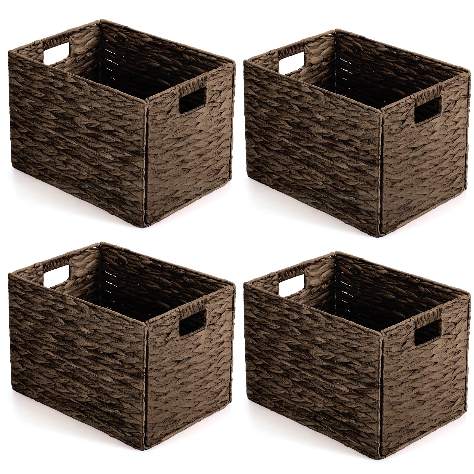 Layhit 4 Pcs Wicker Storage Basket Water Hyacinth Handwoven Baskets with Handles Foldable Woven Organizer Multipurpose Wicker Storage Bins for Bedroom Living Room(16 x 11 x 11'',Dark Brown)