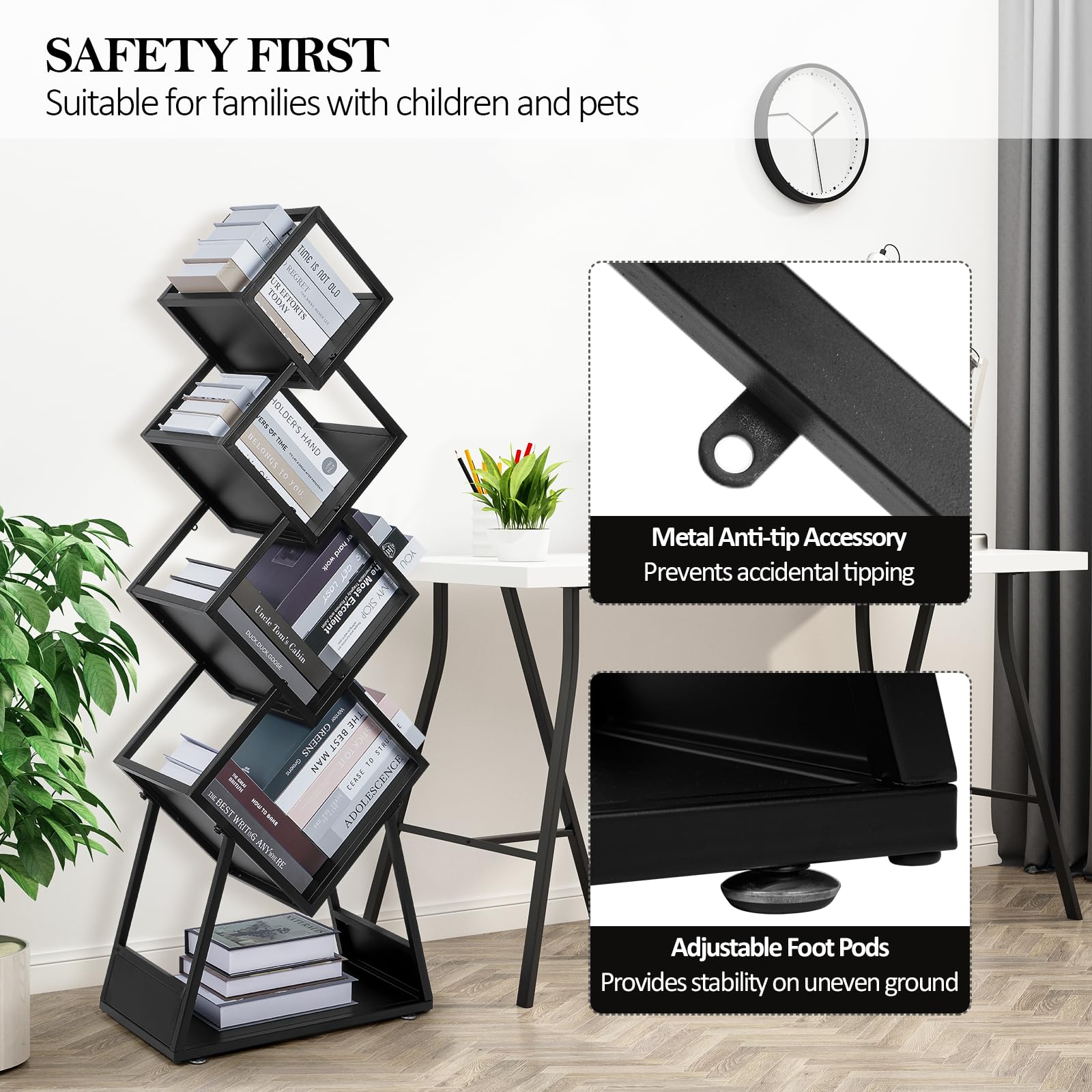 jxgzyy Bookshelf 5 Tier Geometric Modern Bookcase Industrial Style Metal Bookshelf Display Storage Rack for Books Decors Cds in Office Living Room Corner Floor Standing Bookcase