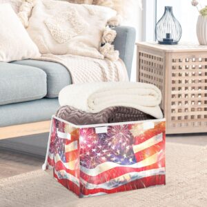 DIGTIA Veterans Day Storage Bins with Lids USA Flag Firework Foldable Storage Boxes with Handles 4th Of July Large Storage Basket Collapsible Organizer Containers for Closet Home Bedroom Office