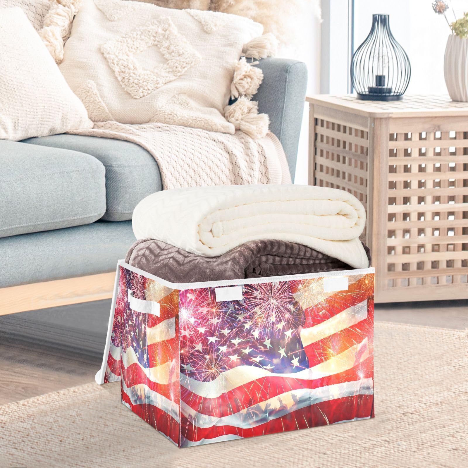 DIGTIA Veterans Day Storage Bins with Lids USA Flag Firework Foldable Storage Boxes with Handles 4th Of July Large Storage Basket Collapsible Organizer Containers for Closet Home Bedroom Office