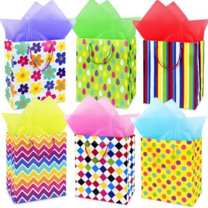 mumululu 6 pack gift bags medium size with handle and tissue paper colorful geometric elements pattern gift bags for birthday party baby shower wedding holiday presents