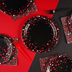 96Pcs Black and Red Party Supplies Red Dot on Black Party Plates and Napkins Disposable 350GSM Black and Red Birthday Tableware Set for Birthday Baby Shower Wedding Decorations, Serves 24