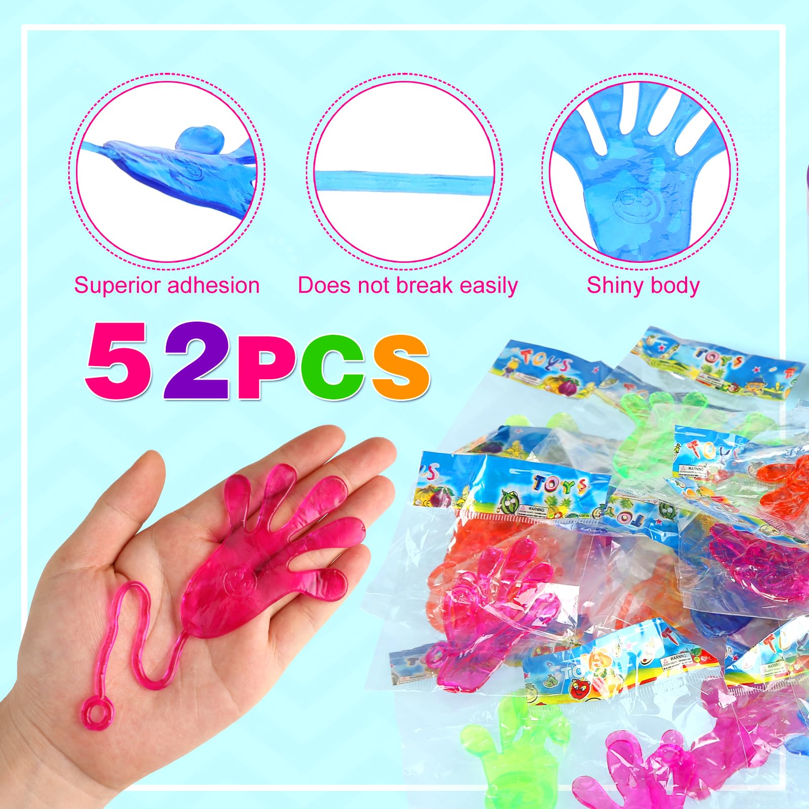 52 pcs Sticky Hands, Party Favors for Kids 4-8 8-12 Goodie Bag Stuffers Treasure Box Prizes Mini Stretchy Hands Fidget Toys Adults Party Supplies Birthday Gifts for Boys Girls Teens